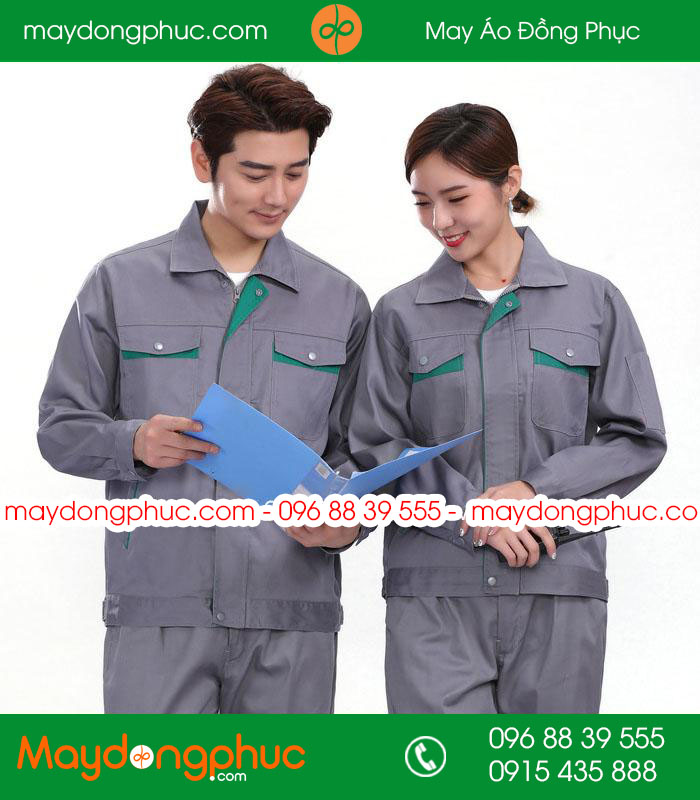 Mẫu áo đồng phục kỹ sư - công nhân màu ghi phối xanh lá