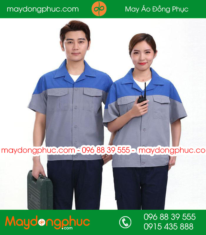 Mẫu áo đồng phục kỹ sư - công nhân màu ghi đậm phối xanh bích cộc tay