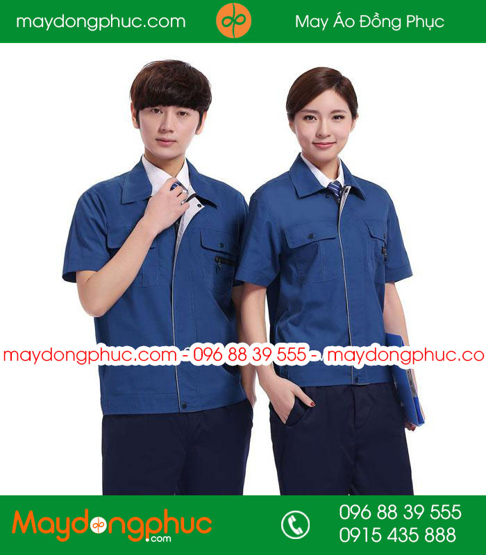 Mẫu áo đồng phục kỹ sư - công nhân màu xanh đậm phối ghi cộc tay