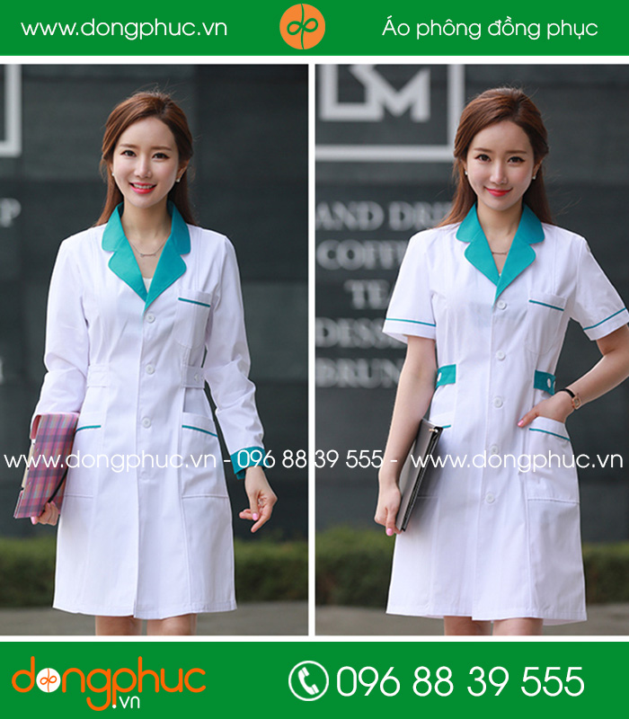 Váy đồng phục y tá - Bác sĩ màu trắng cổ xanh