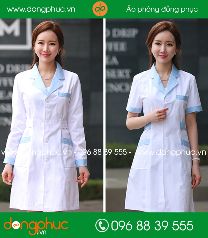 Váy đồng phục y tá - Bác sĩ màu trắng cổ xanh nhạt