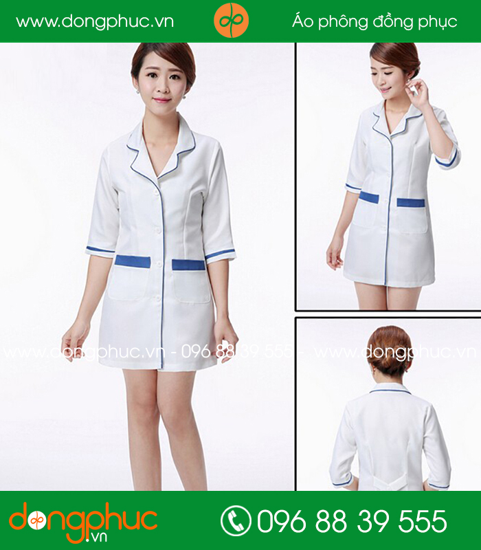 Áo blouse đồng phục y tá - Bác sĩ màu trắng viền xanh