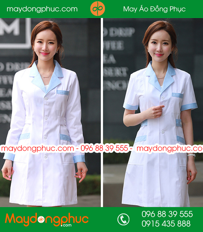 Áo blouse đồng phục y tá - Bác sĩ màu trắng cổ xanh nhạt
