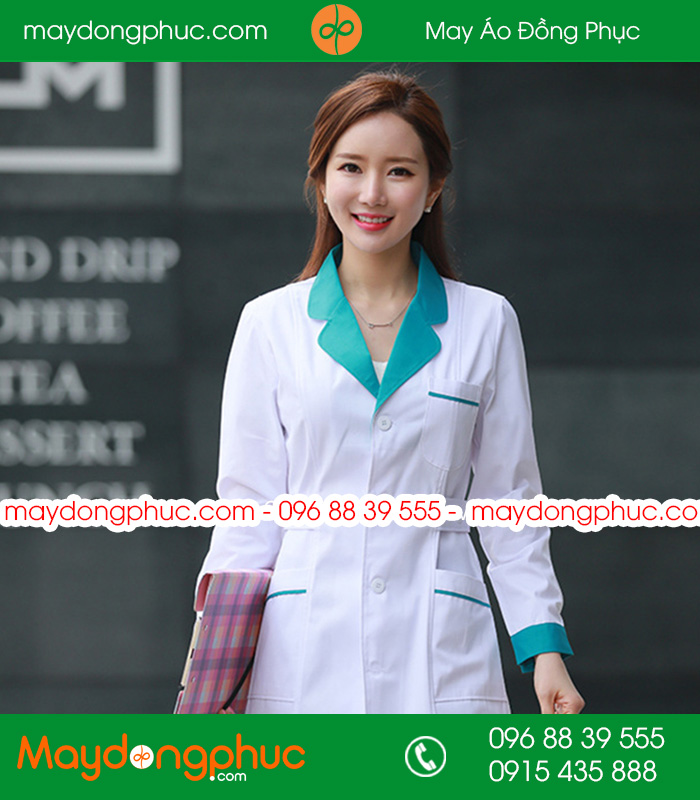 Áo blouse đồng phục y tá - Bác sĩ màu trắng cổ xanh