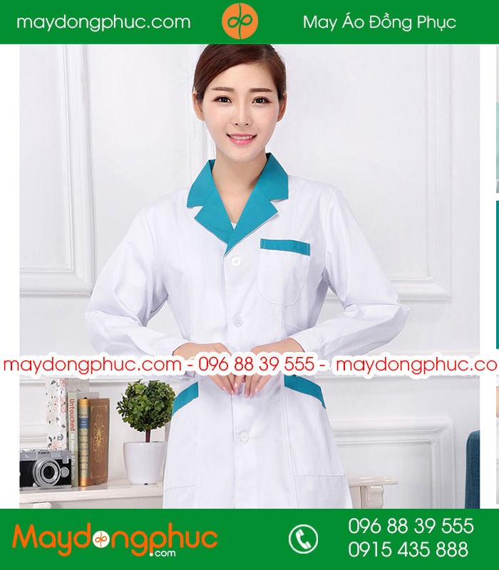 Áo blouse đồng phục y tá - Bác sĩ màu trắng cổ xanh YA