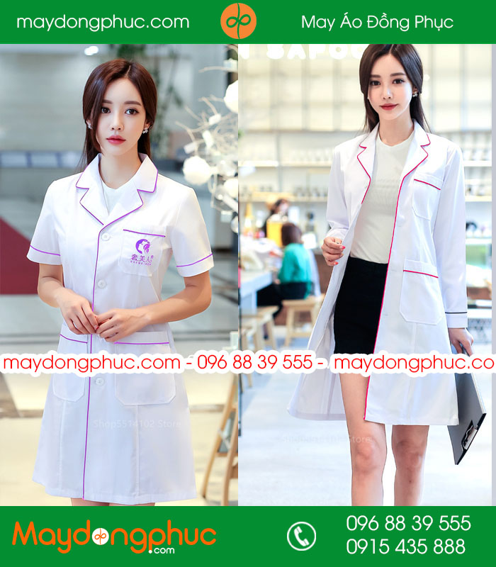 Áo blouse đồng phục y tá - Bác sĩ màu trắng viền hồng