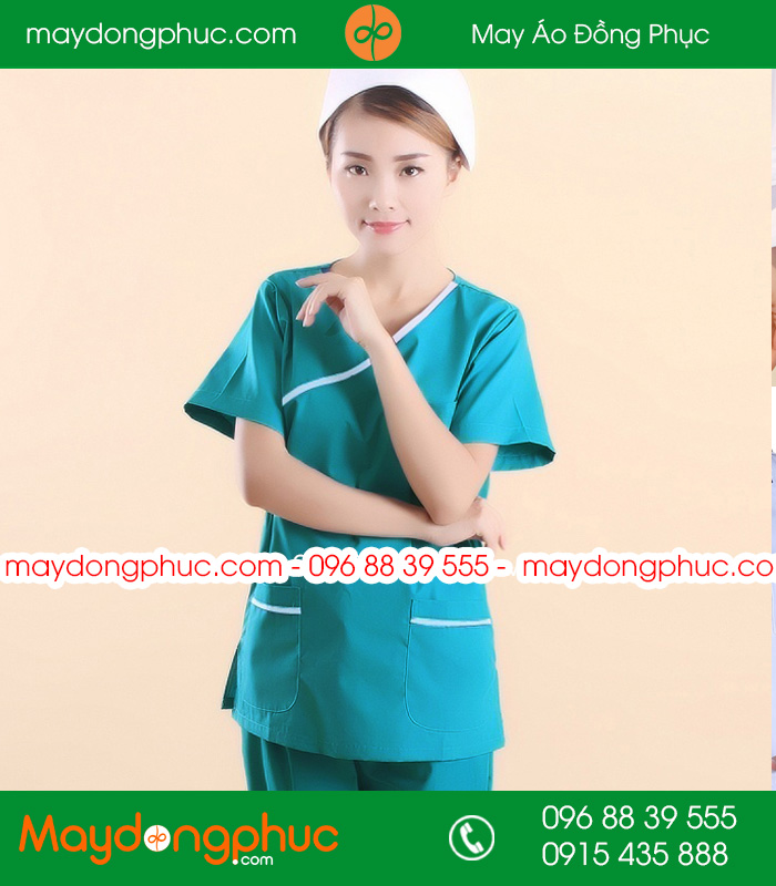 Quần áo đồng phục y tá  màu xanh viền ghi