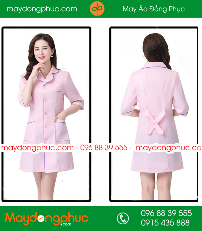 Áo blouse đồng phục y tá - Bác sĩ màu hồng nhạt viền tím