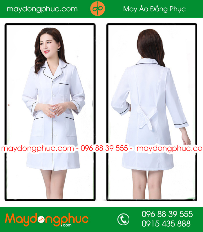 Áo blouse đồng phục y tá - Bác sĩ màu trắng viền tím than