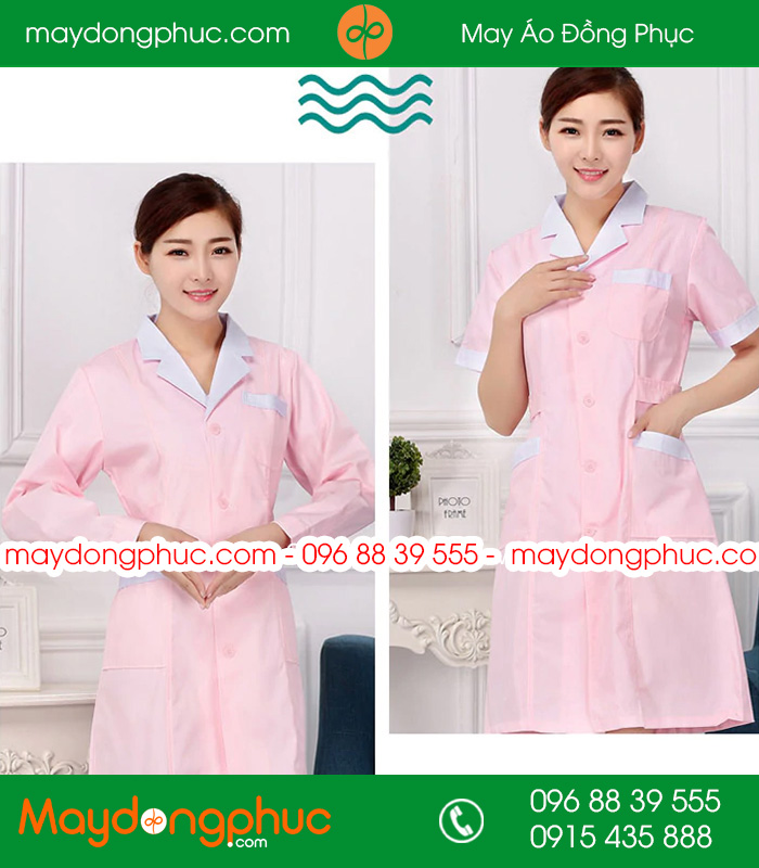 Áo blouse đồng phục y tá - Bác sĩ màu hồng nhạt cổ trắng