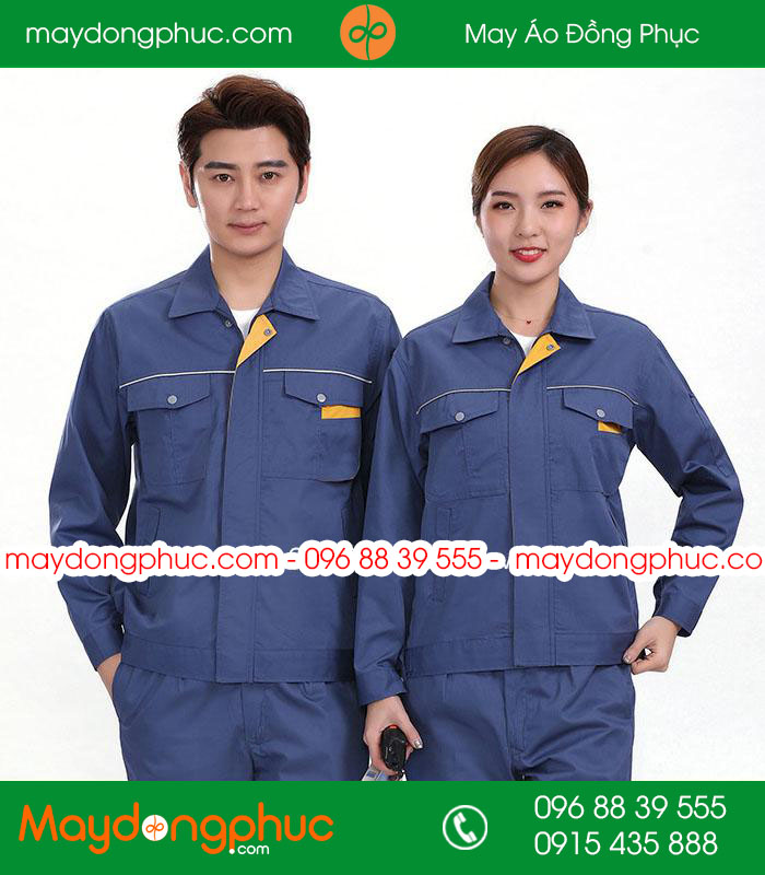 Mẫu áo đồng phục kỹ sư - công nhân màu xanh đậm phối vàng