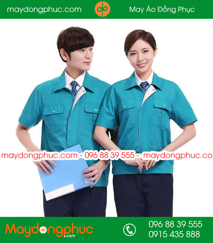 Mẫu áo đồng phục kỹ sư - công nhân màu màu xanh YA phối ghi cộc tay