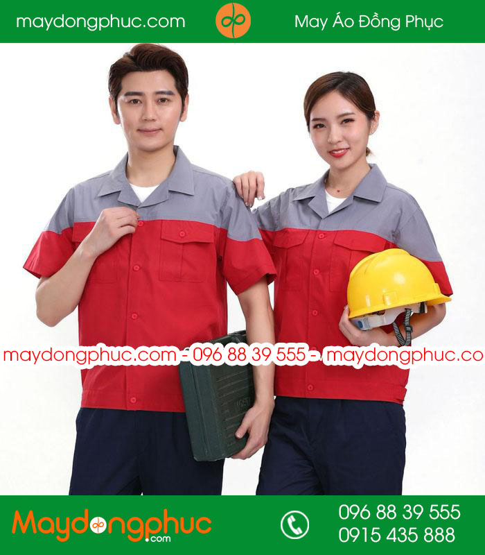 Mẫu áo đồng phục kỹ sư - công nhân màu đỏ phối ghi đậm cộc tay