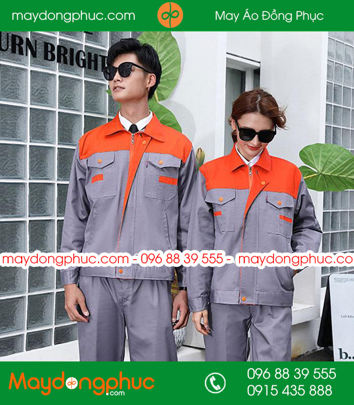 Mẫu áo đồng phục kỹ sư - công nhân màu ghi phối cam