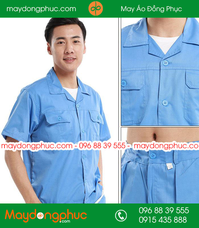 Mẫu áo đồng phục kỹ sư - công nhân màu xanh cộc tay