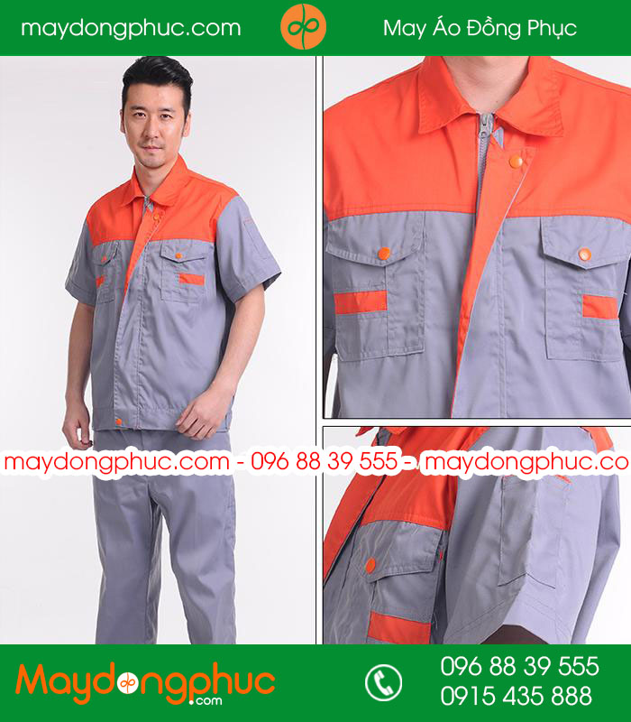 Mẫu áo đồng phục kỹ sư - công nhân màu ghi phối cam cộc tay