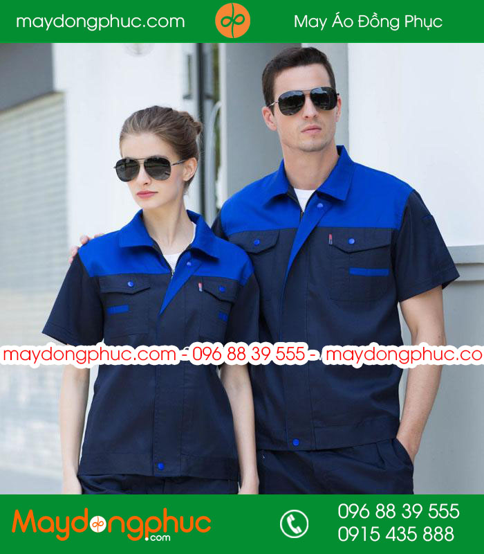Mẫu áo đồng phục kỹ sư - công nhân màu tím than phối xanh cộc tay