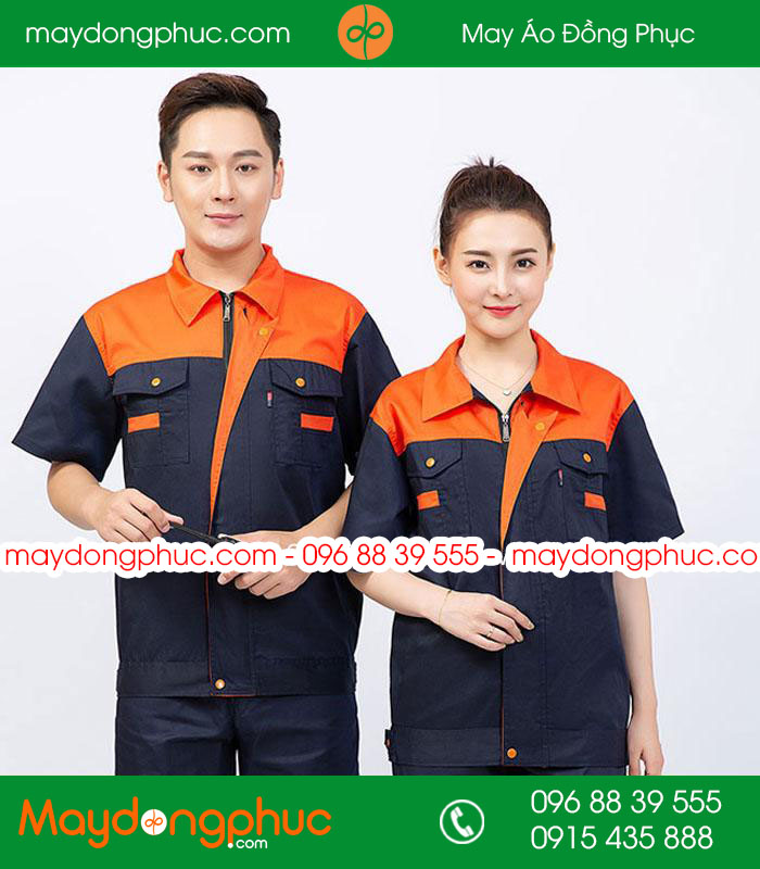 Mẫu áo đồng phục kỹ sư - công nhân màu tím than phối cam cộc tay