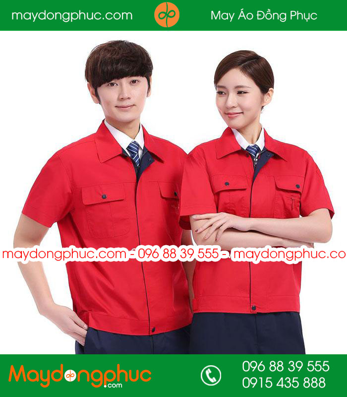 Mẫu áo đồng phục kỹ sư - công nhân màu đỏ phối tím than cộc tay