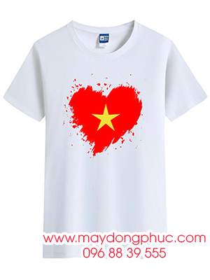 May Áo phông màu trắng In lá cờ hình trái tim cùng với nón lá - Độc lập - Tự do - Hạnh phúc