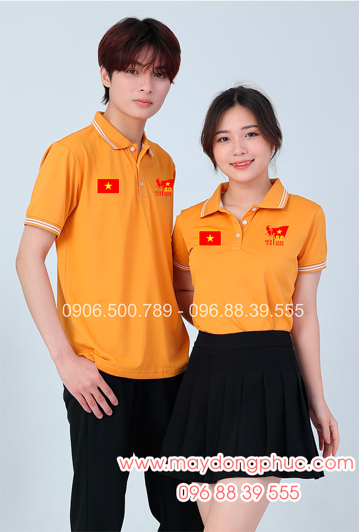 May áo màu cam đất In lá cờ đỏ sao vàng kỉ niệm 80 năm Cách mạng tháng 8 - Quốc Khánh 2-9 | May ao phong dong phuc