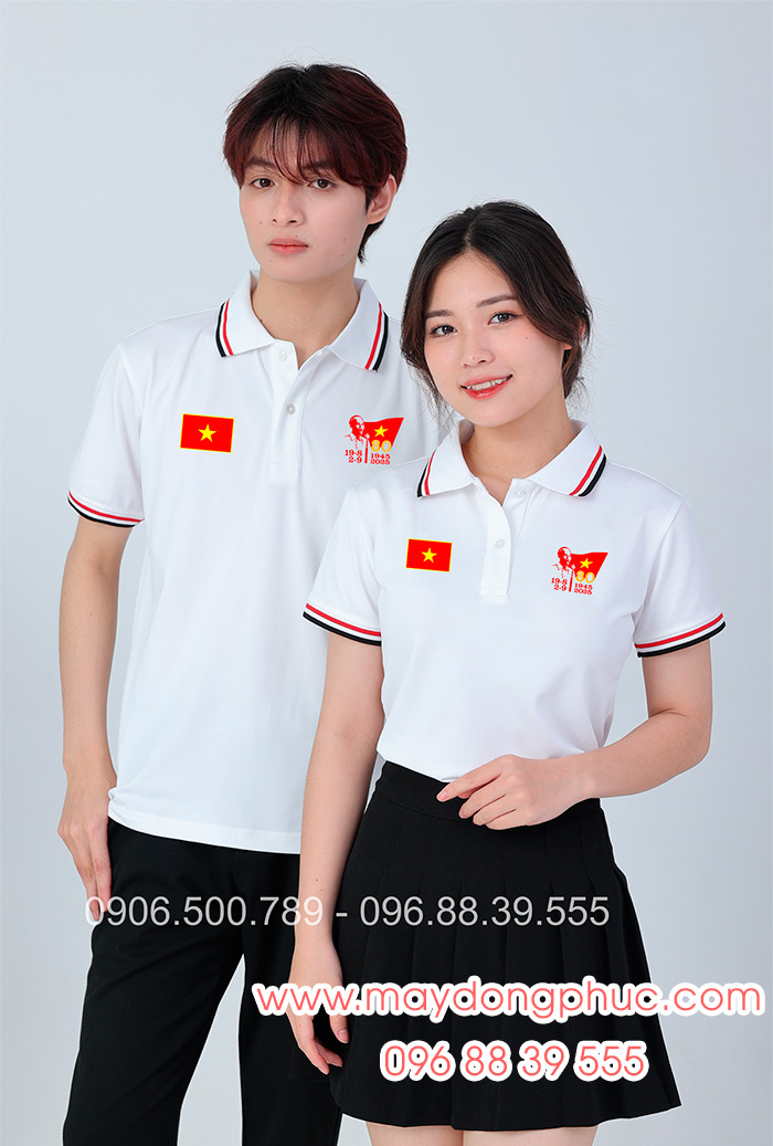 May áo màu trắng In lá cờ đỏ sao vàng kỉ niệm 80 năm Cách mạng tháng 8 - Quốc Khánh 2-9 | May ao phong dong phuc