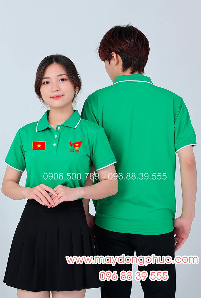 May áo màu xanh lá cây In lá cờ đỏ sao vàng kỉ niệm 80 năm Cách mạng tháng 8 - Quốc Khánh 2-9 | May ao phong dong phuc