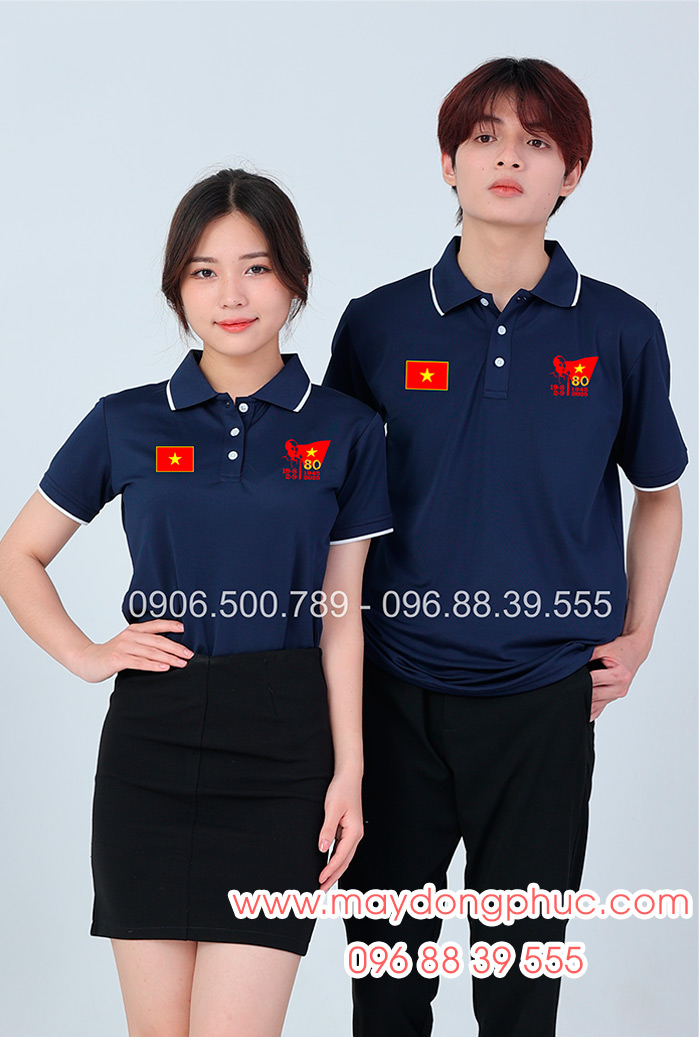 May áo màu xanh than In lá cờ đỏ sao vàng kỉ niệm 80 năm Cách mạng tháng 8 - Quốc Khánh 2-9 | May ao phong dong phuc