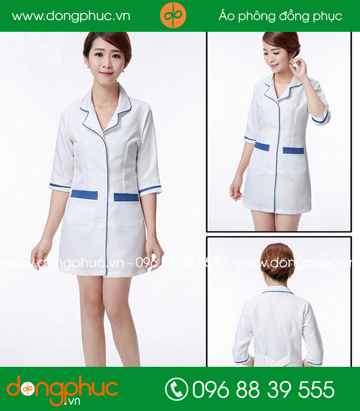 Áo blouse đồng phục y tá - Bác sĩ màu trắng viền xanh