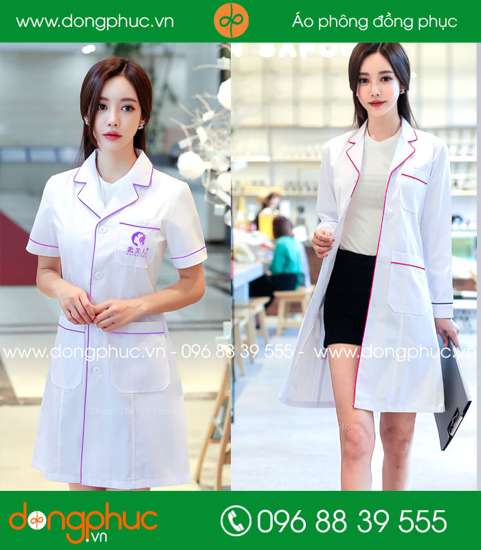 Áo blouse đồng phục y tá – Bác sĩ màu trắng viền hồng