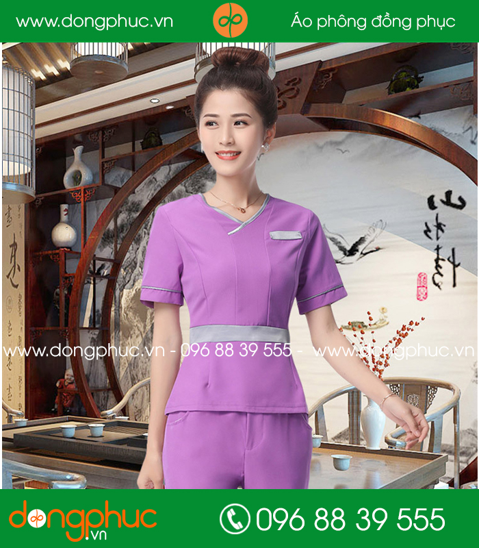 Quần áo đồng phục spa màu tím phối ghi - mẫu 3
