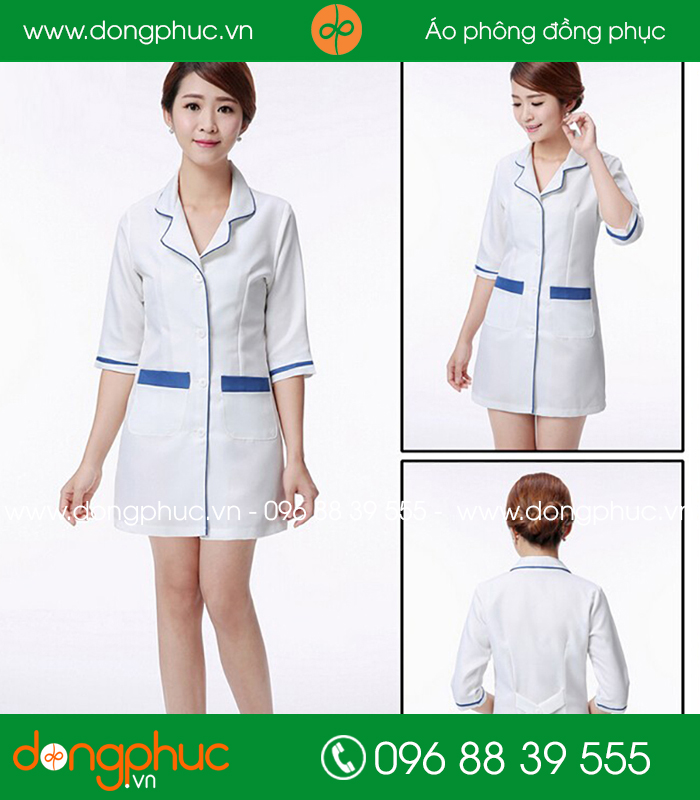 Áo blouse đồng phục y tá – Bác sĩ màu trắng viền xanh