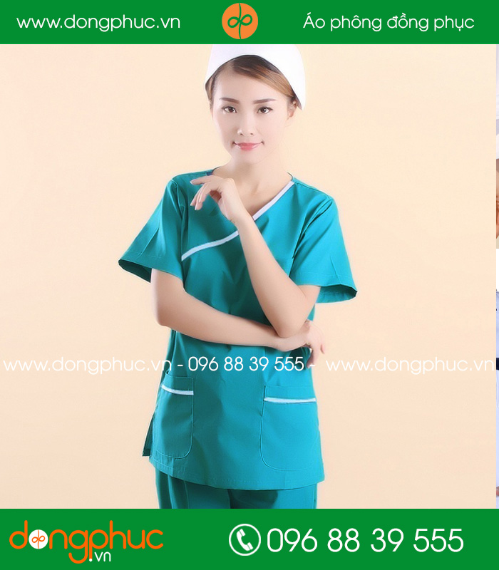 Quần áo đồng phục y tá màu xanh viền ghi