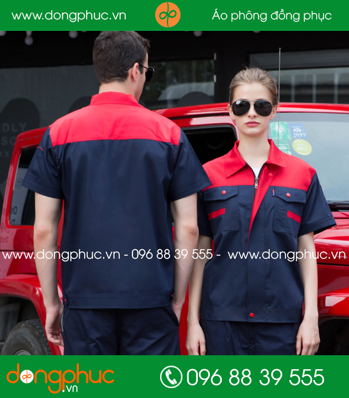Mẫu áo đồng phục kỹ sư – công nhân màu tím than phối đỏ cộc tay