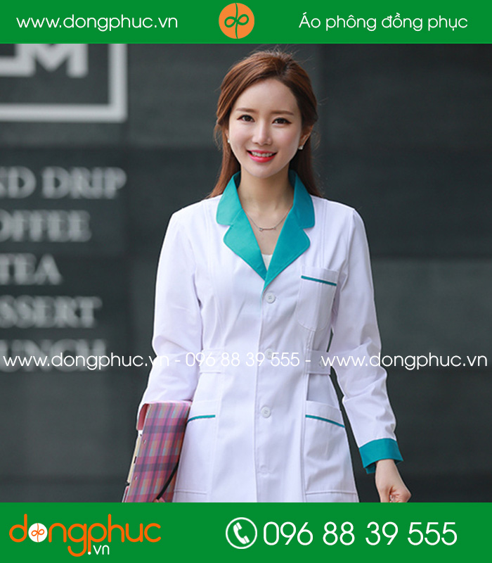 Áo blouse đồng phục y tá – Bác sĩ màu trắng cổ xanh - mẫu 6