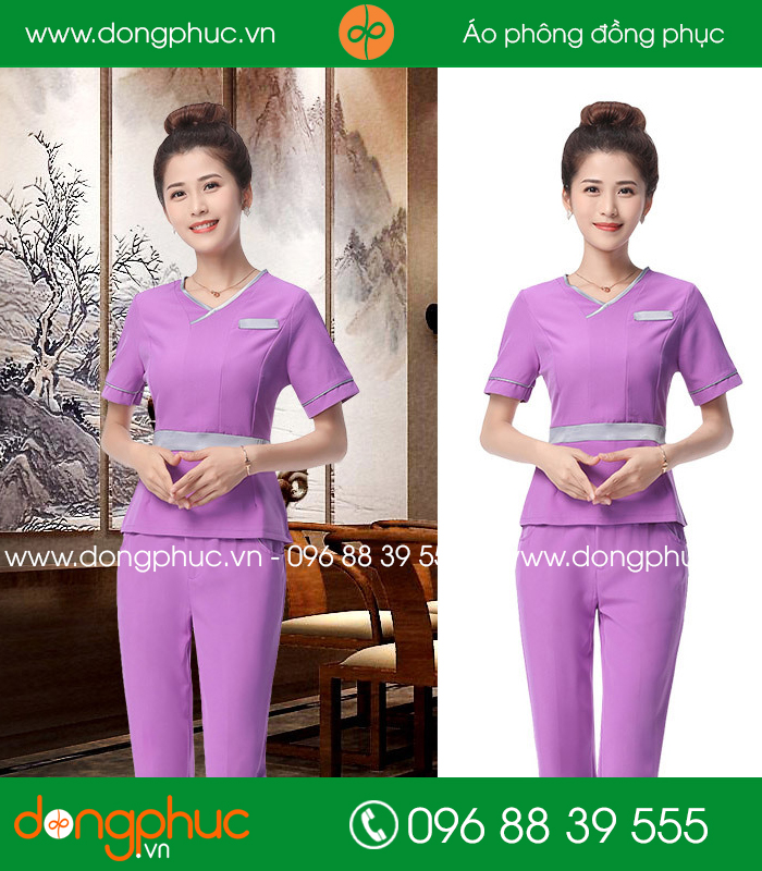Quần áo đồng phục spa màu tím phối ghi - mẫu 2