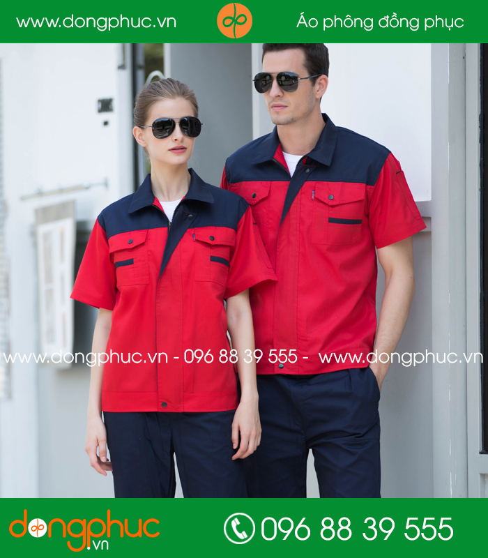 Mẫu áo đồng phục kỹ sư – công nhân màu tím than phối đỏ cộc tay - mẫu 4