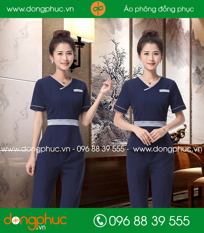 Quần áo đồng phục spa màu tím than đai ghi - mẫu 4