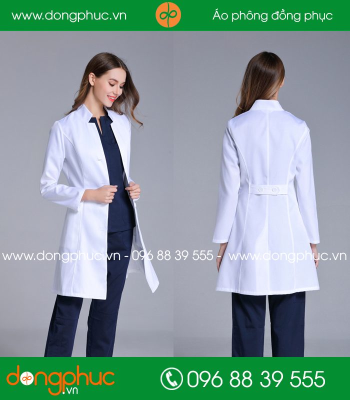 Áo blouse đồng phục y tá – Bác sĩ màu trắng quần tím than - mẫu 2