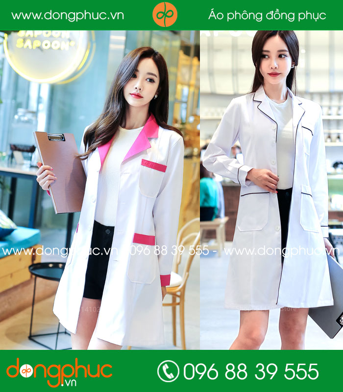 Áo blouse đồng phục y tá – Bác sĩ màu trắng cổ hồng - mẫu 2