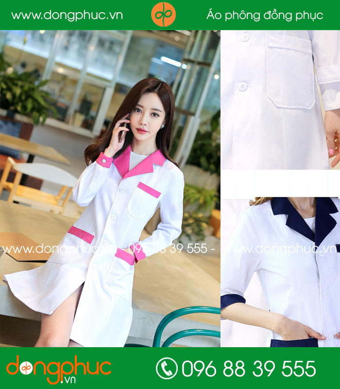 Áo blouse đồng phục y tá – Bác sĩ màu trắng cổ hồng - mẫu 3