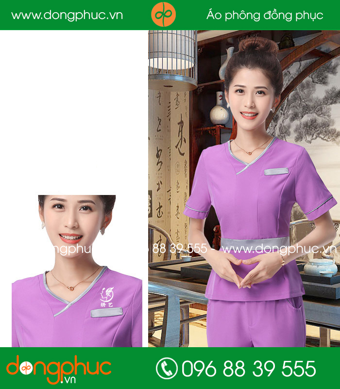 Quần áo đồng phục spa màu tím phối ghi - mẫu 4