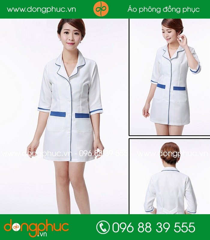 Áo blouse đồng phục y tá – Bác sĩ màu trắng viền xanh - mẫu 2