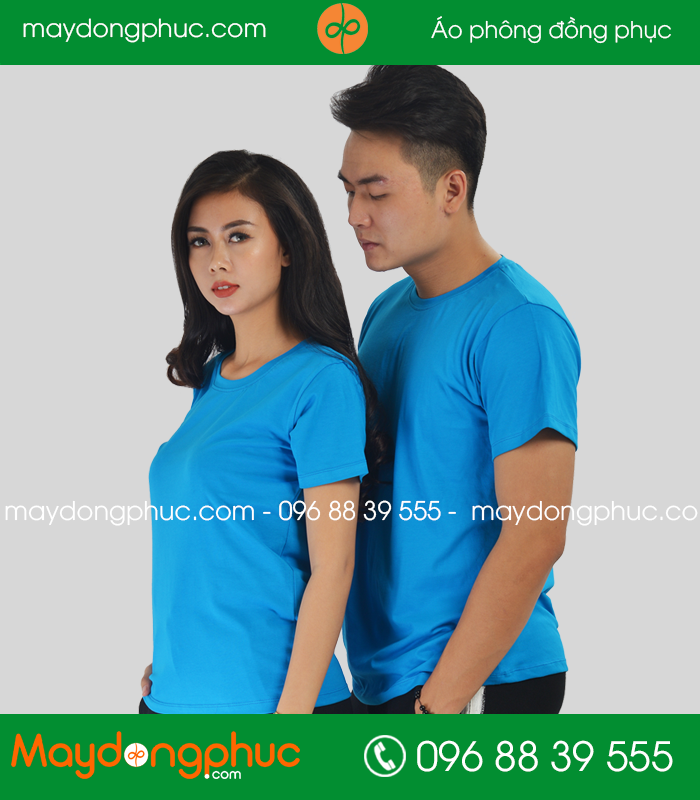 Áo phông đồng phục cổ tròn màu xanh bích - mẫu 2