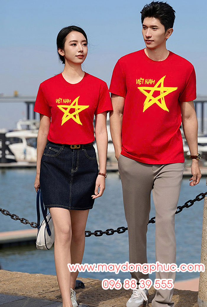 May Áo cờ đỏ In chữ Việt nam cùng ngôi sao vàng