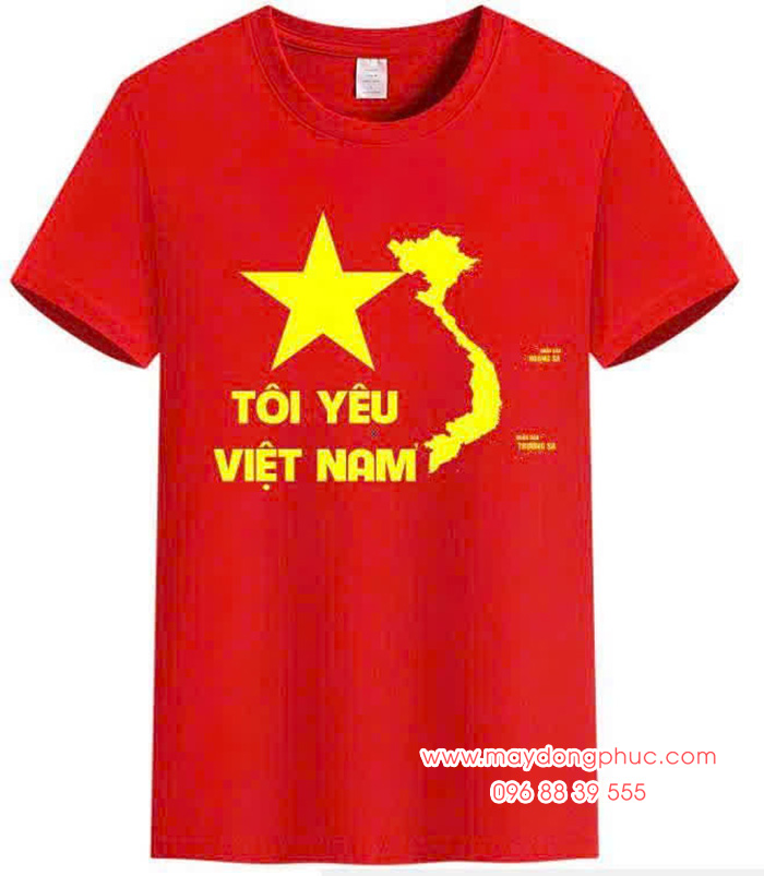 May Áo cờ đỏ sao vàng in Tôi yêu Việt Nam cùng hình bản đồ chữ S