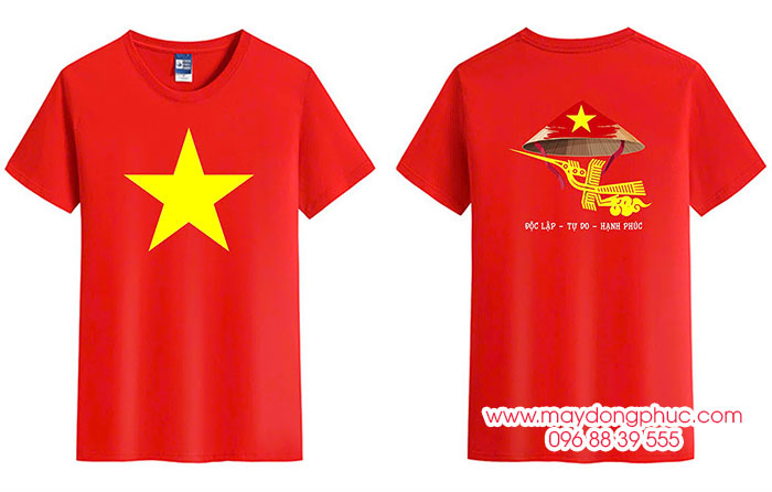 May Áo phông cờ đỏ sao vàng in cùng hình nón lá – Độc lập – Tự do – Hạnh phúc