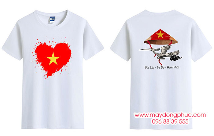 May Áo phông màu trắng In lá cờ hình trái tim cùng với nón lá – Độc lập – Tự do – Hạnh phúc