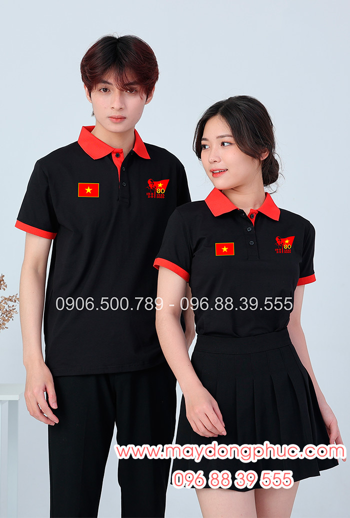 May áo màu đen phối đỏ In lá cờ đỏ sao vàng kỉ niệm 80 năm Cách mạng tháng 8 – Quốc Khánh 2-9