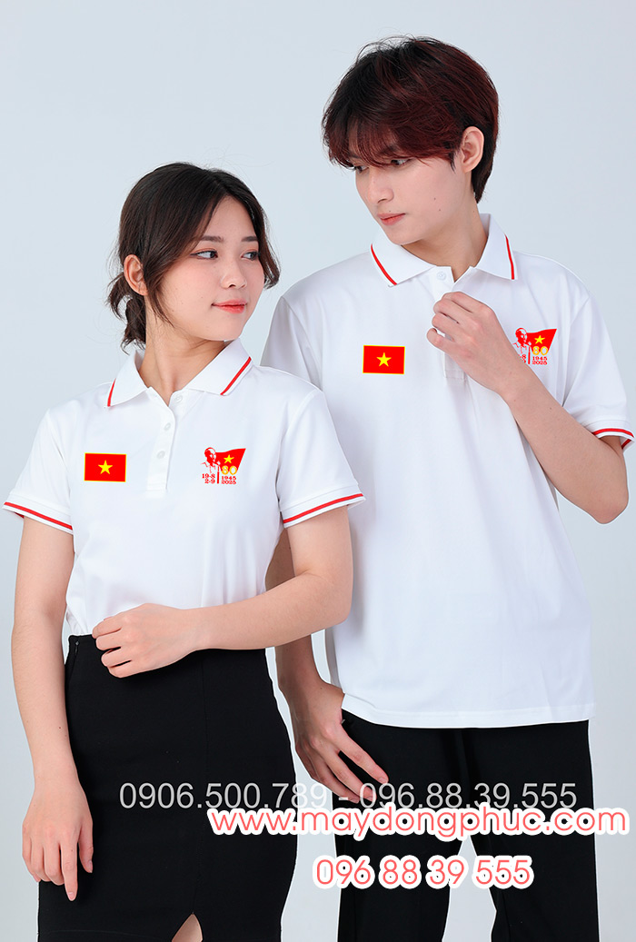 May áo màu trắng In lá cờ đỏ sao vàng kỉ niệm 80 năm Cách mạng tháng 8 – Quốc Khánh 2-9